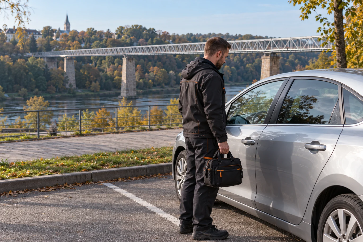 Meistras prie automobilio, fone Baltosios rožės tilto iliustracija