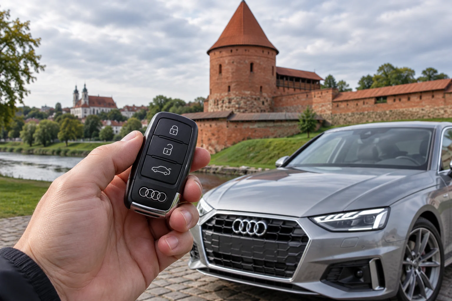 Audi raktas rankoje prie automobilio, fone Kauno pilis