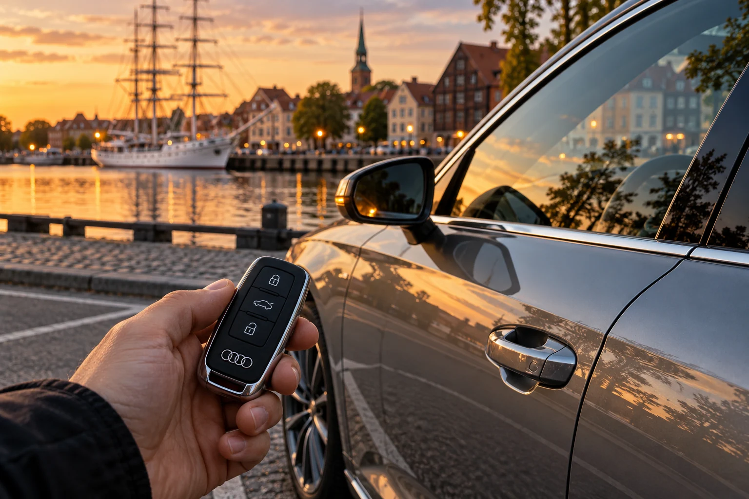 Audi raktas prie automobilio Klaipėdoje, fone burlaivis Meridianas