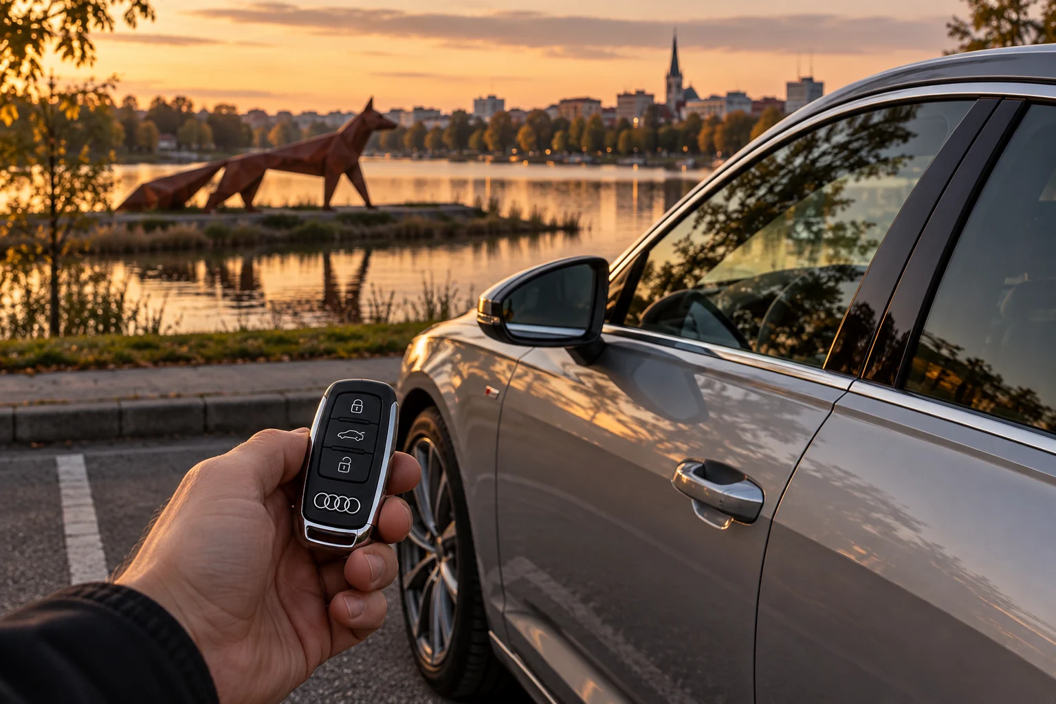 Audi automobilio raktas Šiauliuose, fone Talkšos ežeras ir Geležinė lapė