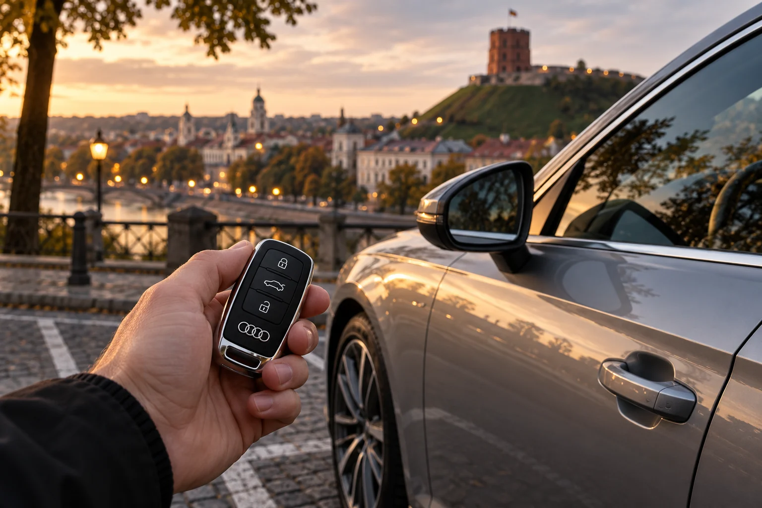 Audi automobilio raktas Vilniuje, fone Gedimino pilies bokštas
