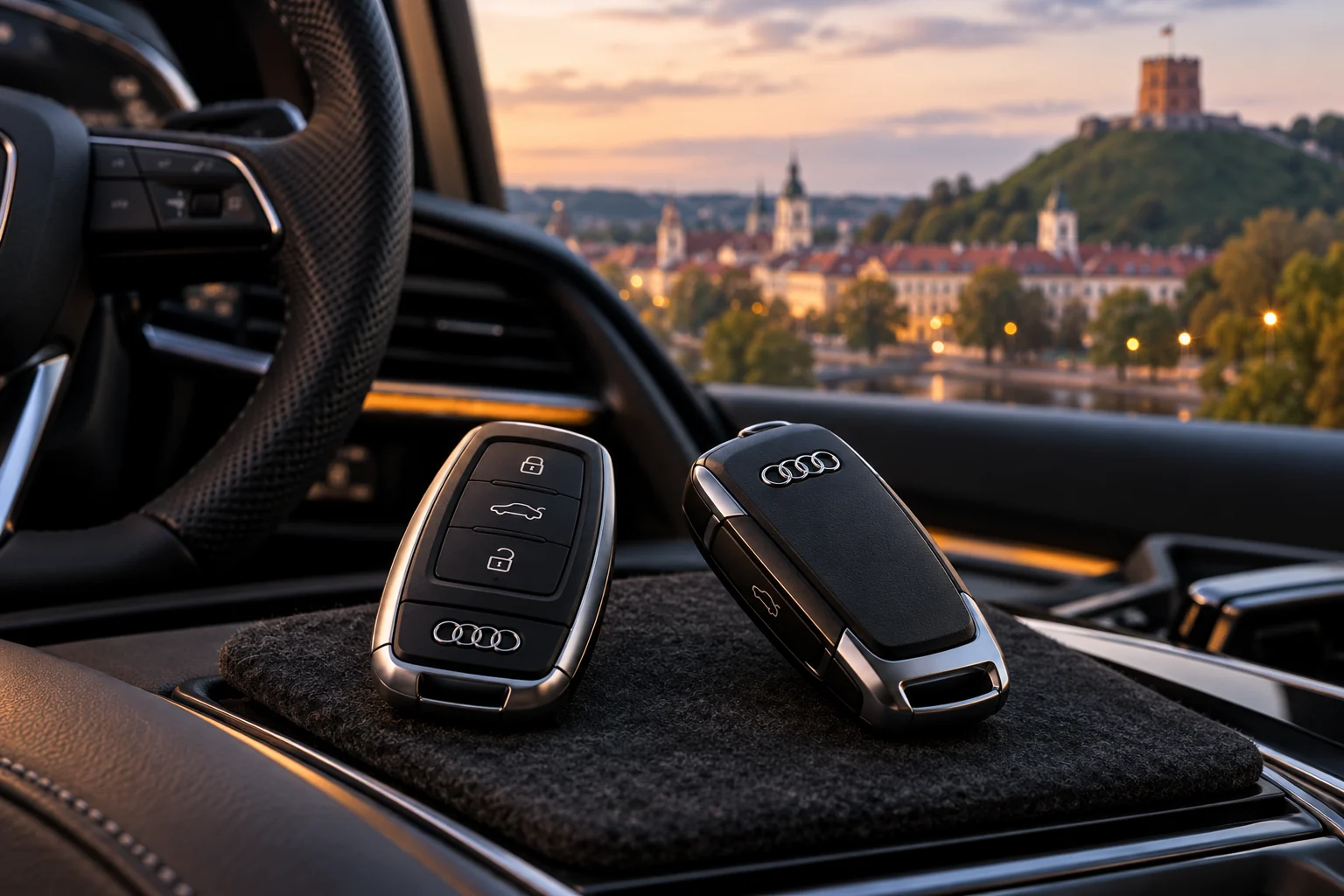 Du Audi automobilio raktai, papildomo rakto gamybos iliustracija Vilniuje