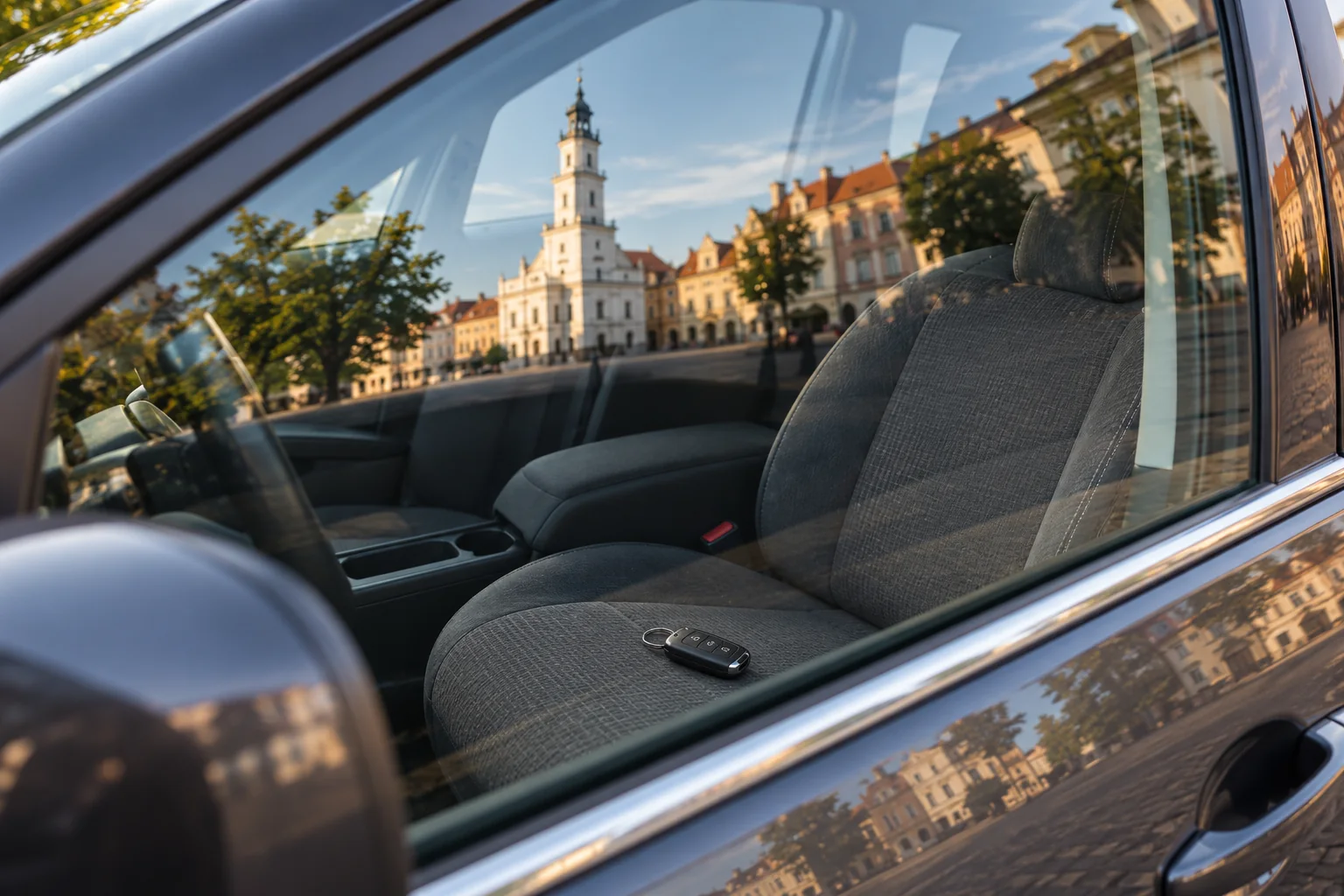 Ant automobilio sėdynės paliktas raktas ir Kauno rotušės atspindys lange