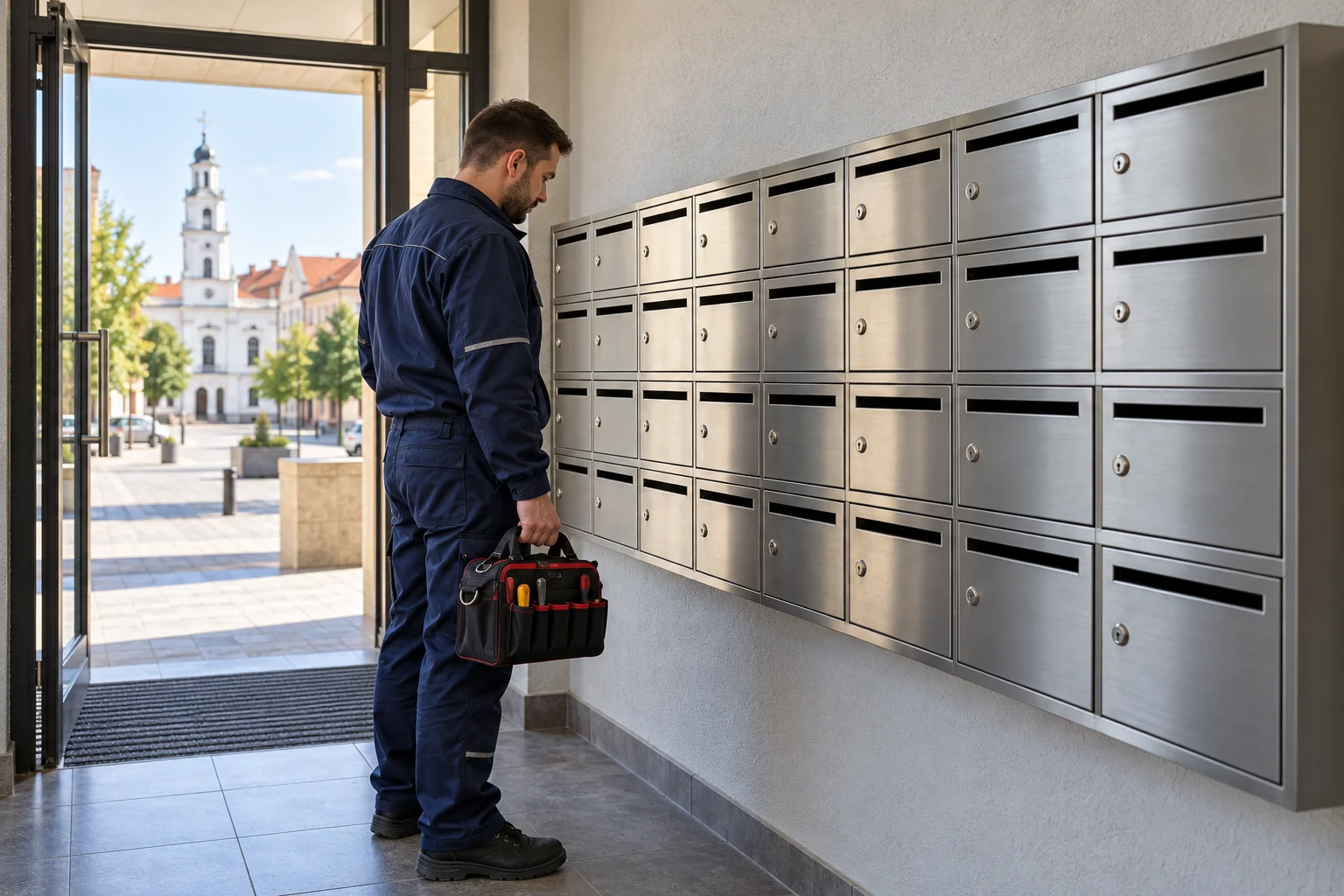 Meistras prie daugiabučio pašto dėžučių, fone Kauno senamiestis
