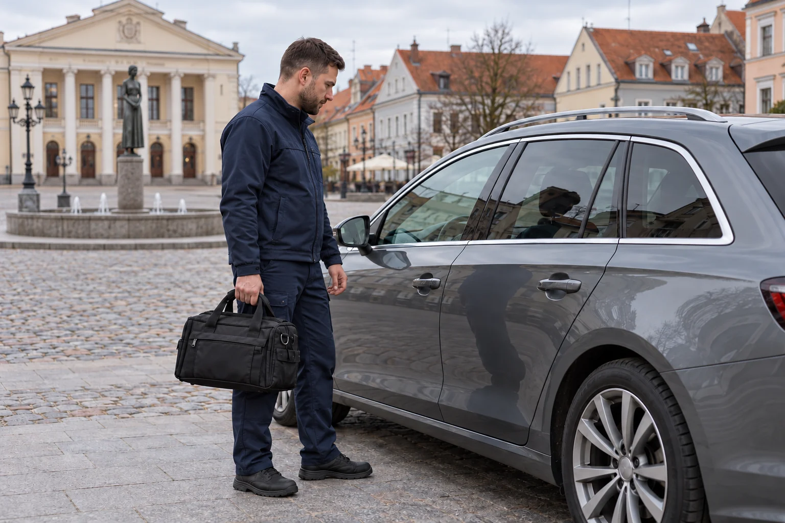 Meistras prie užrakinto automobilio Klaipėdos Teatro aikštėje