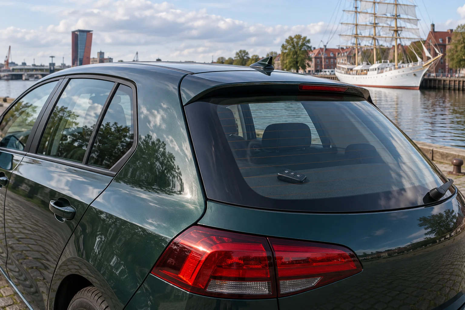 Raktas už uždaryto automobilio bagažinės stiklo, fone Klaipėdos krantinė