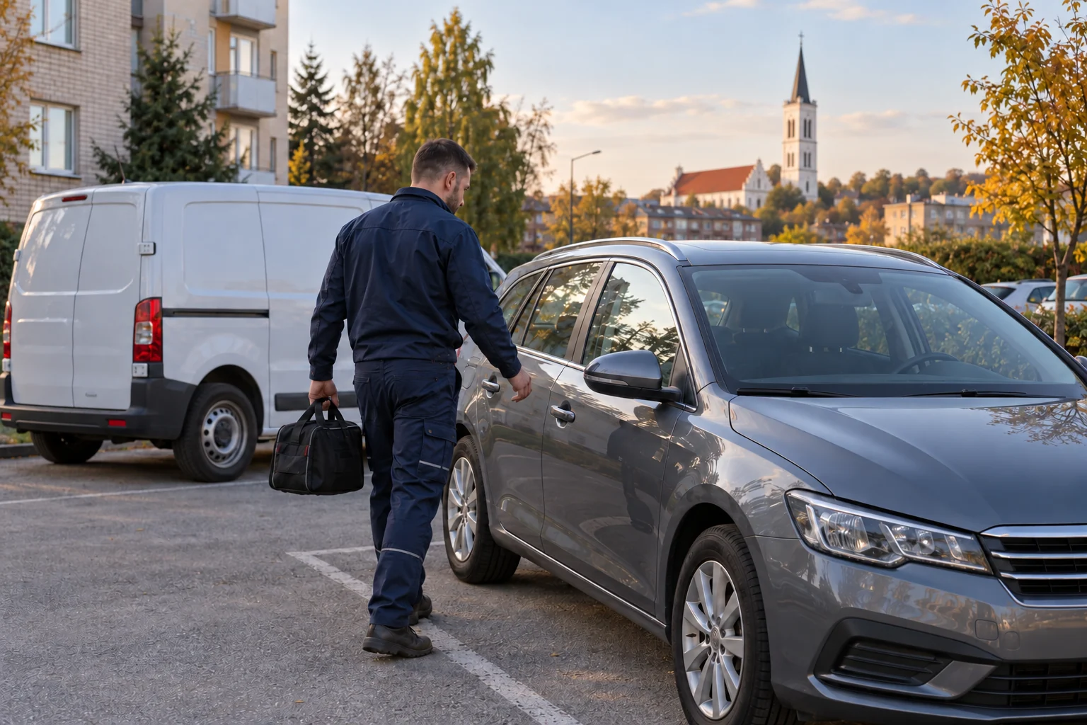 Meistro atvykimas prie automobilio Šiaulių gyvenamajame rajone