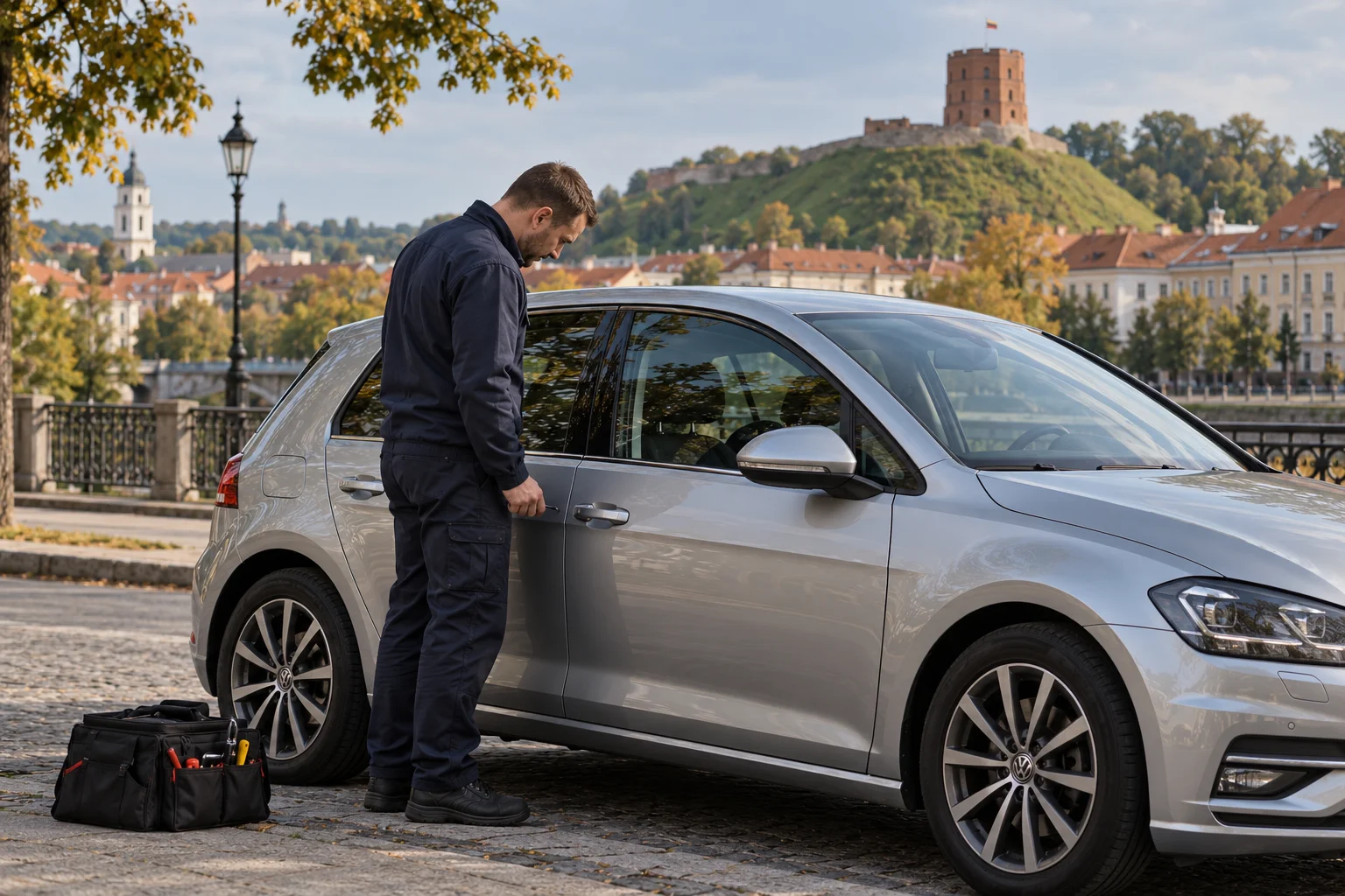 Meistras prie užrakinto automobilio Vilniuje, fone Gedimino pilies bokštas
